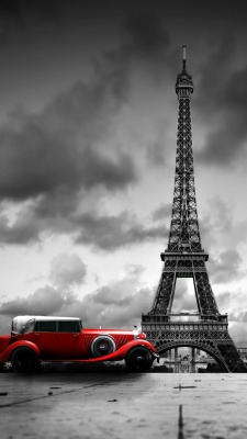 پاریس-برج-برج ایفل-خاکستری-ماشین-قرمز-قدیمی